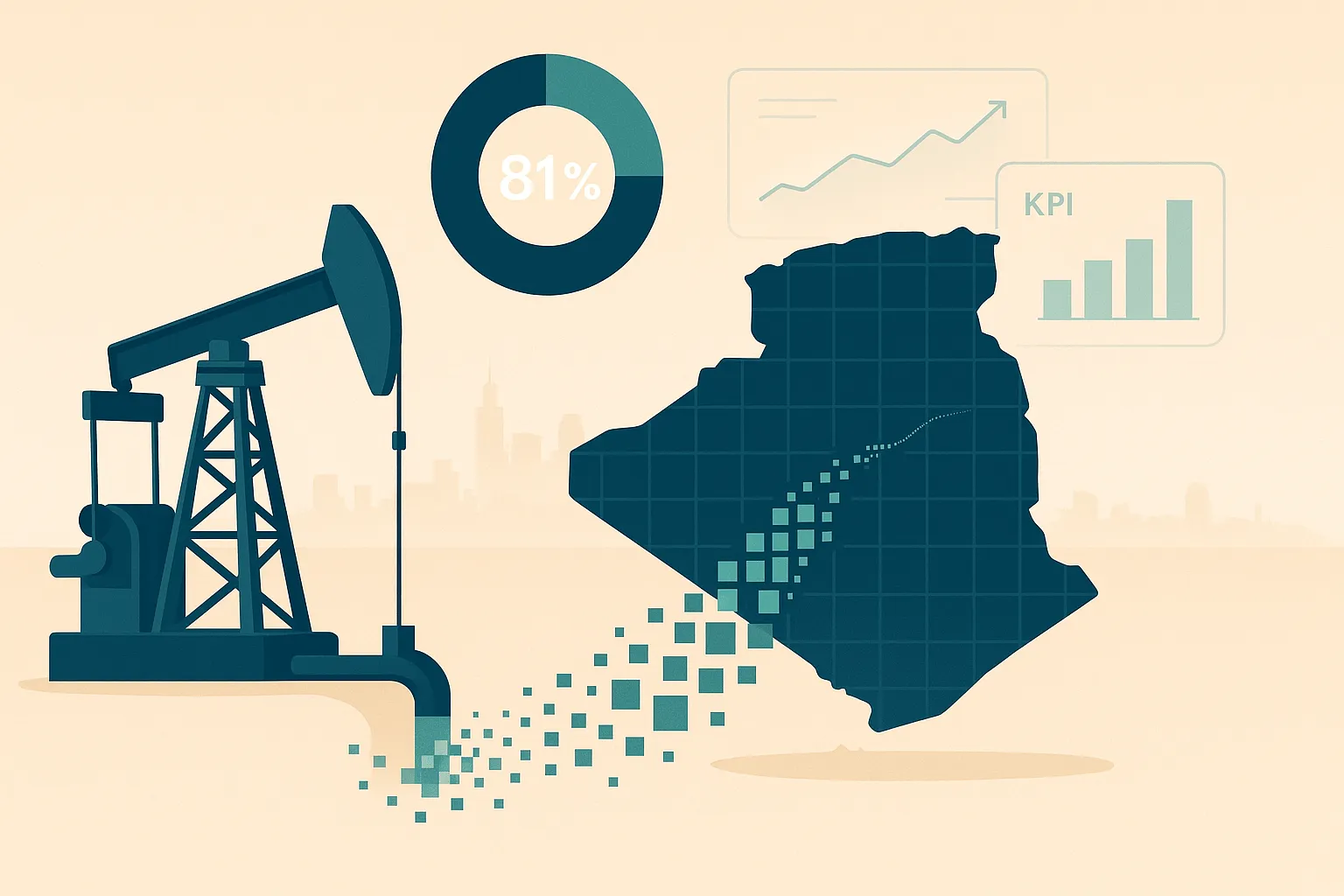Illustration d’un puits de pétrole se muant en flux de données qui alimente une carte filaire de l’Algérie ; un donut 81 %/19 % et des mini-dashboards flottent au-dessus. (رسم يوضح بئر نفط يتحول إلى تدفقات بيانات تغذي خريطة سلكية للجزائر، مع مخطط دائري ٨١ ٪/١٩ ٪ ولوحات معلومات مصغرة عائمة.)